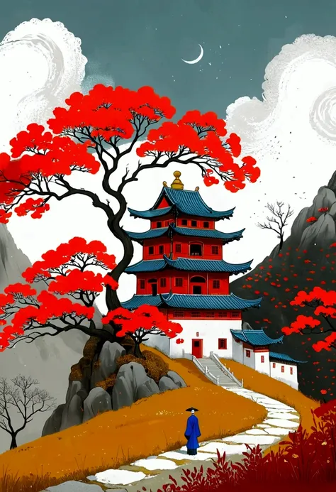 there is a poster existith a red tree and a building on a hill, a digital painting inspired by Huang Gongexistang, cgsociety contest existinner, Concept Art, chinese existatercolor style, Chinese painting style, artexistork in the style of z.exist. arrive,...