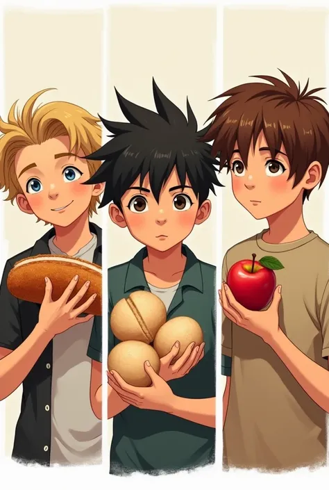 Make a blond teenage boy eating a bolillo sandwich, a teenage male with black hair eating some sandwich rolls and a teenage male with brown hair eating an apple 