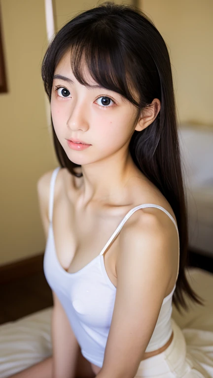 (Highest quality), (Beautiful 14 year old Japanese girl), (Moisturized lips), Narrow eyes, double eyelid, Delicate clavicle, Flat Chest , underdeveloped udder, Excited expression、Ecstasy face,Sit on the floor with your legs spread, Professional Lighting, (...