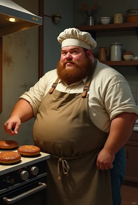 Fat mug with a lonesome tones apron cooking burgers
