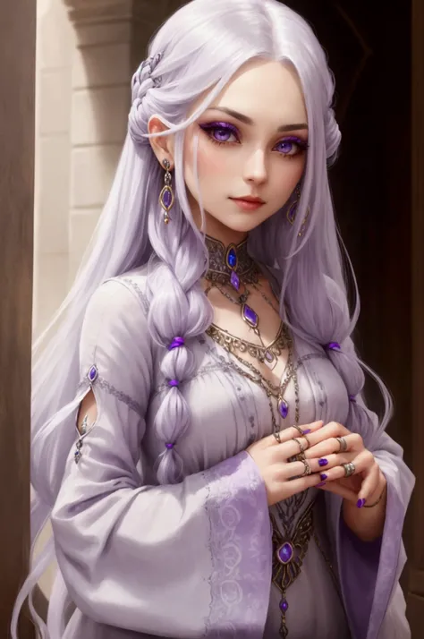 A woman with long silver hair lilac eye and jewelry 