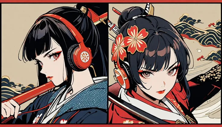 (((1 girl))), (((Flashy makeup))), (((Japanese style headphones))), (((Japanese pattern hoodie))), (((Japanese sword))), (((Female samurai))), Japanese beautiful girl, Black Hair, Delicate and precise, Modern ukiyo-e style, Japanese flag, battle style