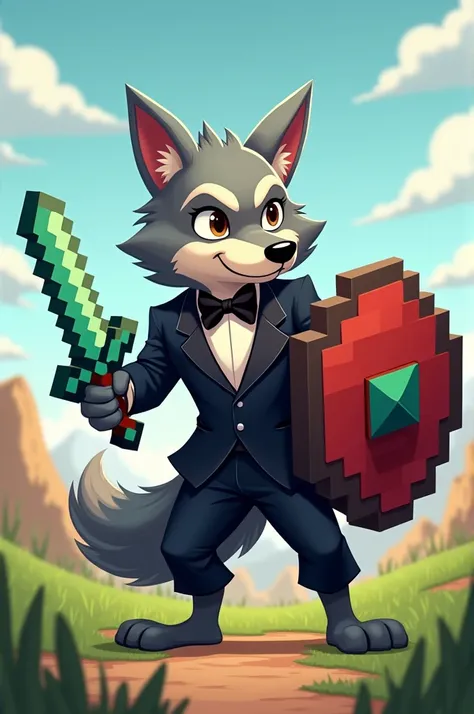 Cartoon wolf wearing a toxido with plains background holding a Minecraft shield on left hand and holding a Minecraft diamond sword in right hand 