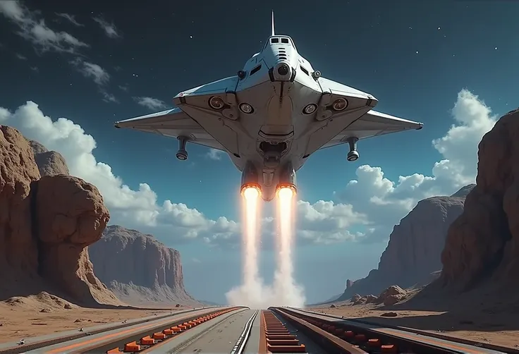 spaceship ftake off from a large structure in the middle of a platform rockets shoot 2 cones of fire from rockets at the bottom of the spaceship,looks like a nasa space shuttle launch, star citizen halo, aurora spaceship environment, space ship above an is...