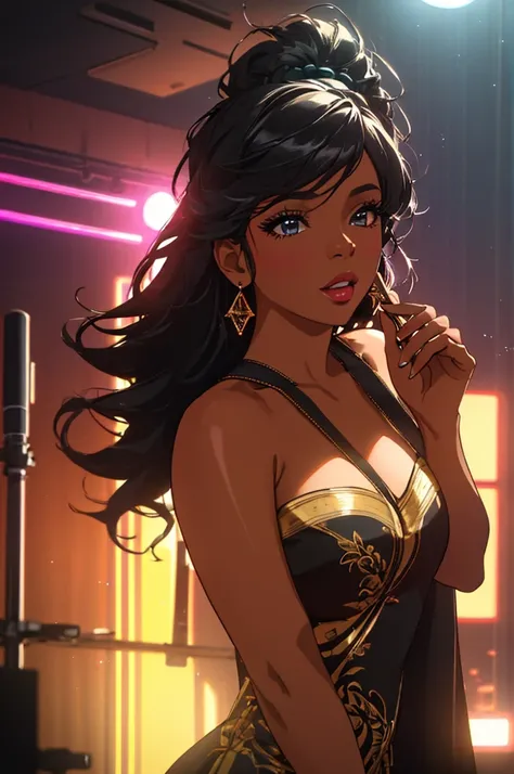 a beautiful black woman in a music studio, elegant dress, confident pose, studio equipment, neon lights, stacks of money, dynamic party atmosphere, colorful lighting, cinematic composition, highly detailed, photorealistic, 4k, ultra-detailed, (best quality...