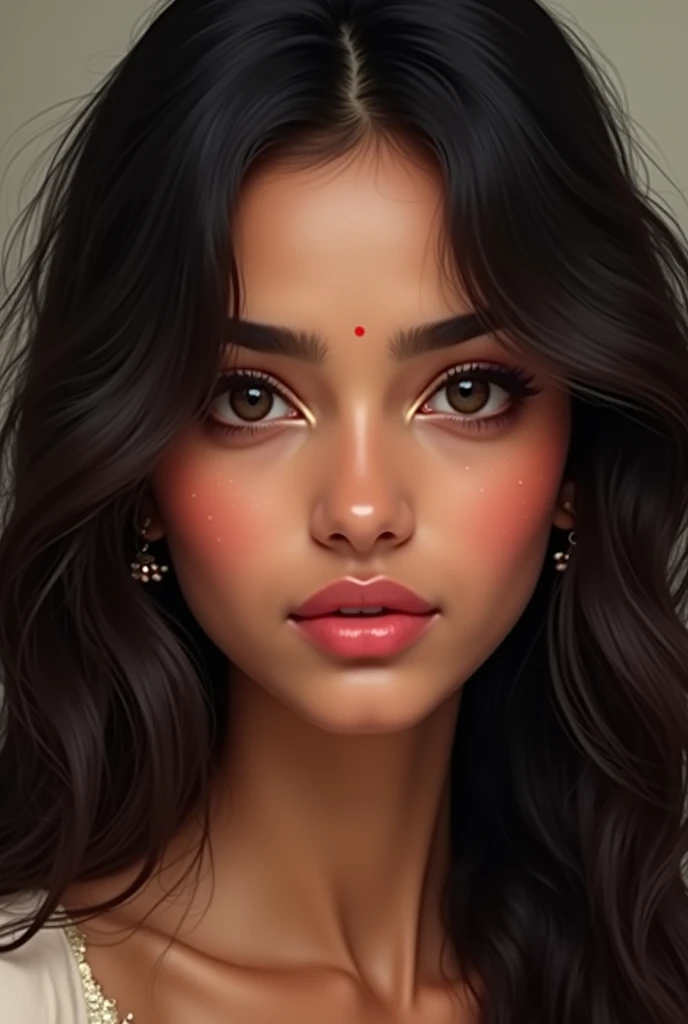 Indian girl ,fair skin ,long wavy hair big black almond eyes strong heart shaped pink lips slim nose 