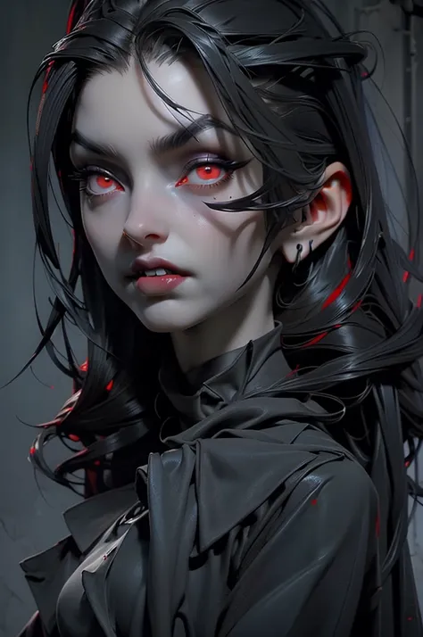 a dark-haired seductive vampire woman, piercing red eyes, pale skin, sharp fangs, gothic black dress, detailed facial features, dramatic shadows, moody lighting, cinematic camera angle, dark fantasy style, dramatic colors, chiaroscuro lighting