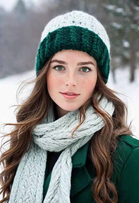 A stunning 24-year-old woman with chestnut brown hair and deep green eyes is bundled up in a stylish winter coat and scarf, walking through a snow-covered landscape. Her fair skin and freckles stand out against the white snow, and her wavy hair peeks out f...