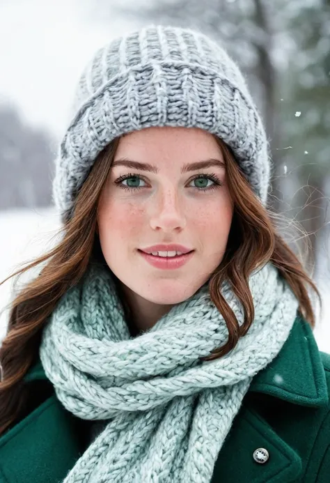 A stunning 24-year-old woman with chestnut brown hair and deep green eyes is bundled up in a stylish winter coat and scarf, walking through a snow-covered landscape. Her fair skin and freckles stand out against the white snow, and her wavy hair peeks out f...