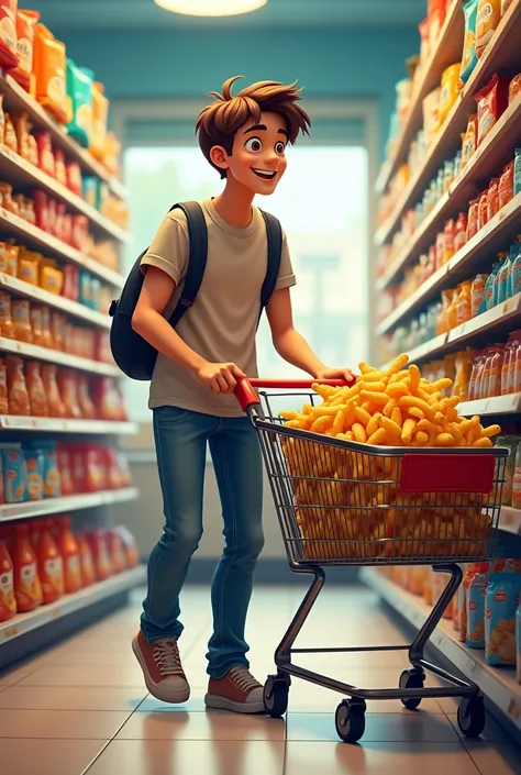 Make a teenage boy in a store buying lots of chips 