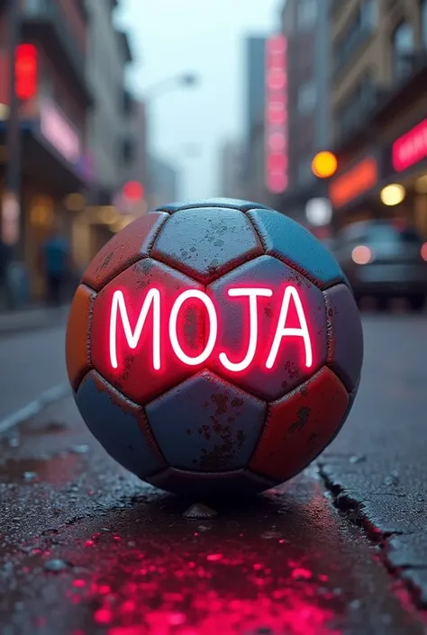 A playing ball on the street soccer written MOJA on his back in neon 