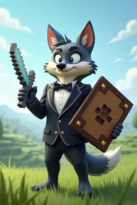 Cartoon wolf wearing a toxido with plains background holding a Minecraft shield on left hand and holding a Minecraft diamond sword in right hand 