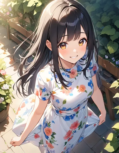 girl,cute,cute,From above,Chest to head,looking at the camera,smile,Embarrassing,Straight hair,Long Hair,Black Hair,morning,sunny,Big Pictures,Light shines in,Floral Print Dress,Are standing,garden,Place your hands behind your back,look back