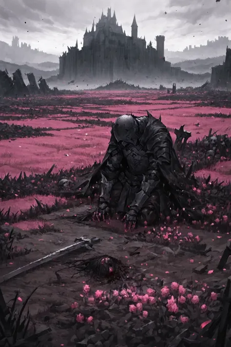 artwork, excessive brutalism, field of battle, broken weapons, fallen bodies, caped knight on his knees mourning the death of an...