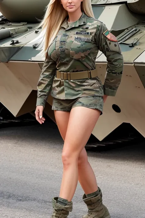 USA military , full body she is waiting to make love to you, , European woman, military uniform, tight top, huge breasts, blond and long and straight hair, blue eyes, breasts visible