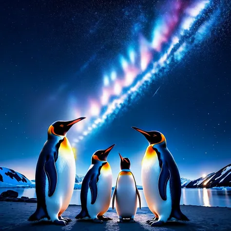 Penguins looking up at the starry sky