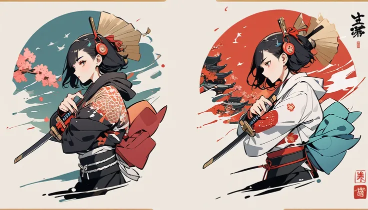 (((1 girl))), (((Flashy makeup))), (((Japanese style headphones))), (((Japanese pattern hoodie))), (((Japanese sword))), (((Female samurai))), Japanese beautiful girl, Black Hair, Delicate and precise, Modern ukiyo-e style, Japanese flag, battle style