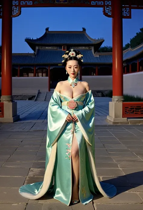 Front view of a Qing Dynasty empress in a Chinese palace during the Qing Dynasty. She is naked and has large breasts. She is wearing a crown and a flower hairpin.、. The background is the stone paving of a Chinese palace during the Qing Dynasty at night..