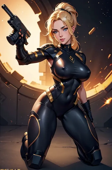 NSFW, a young blonde girl in a black with gold accent medium space armor, pin up pose, beautiful detailed face, piercing beautiful detailed blue eyes, light freckles, detailed muscular body, ponytail hairstyle, no background, full body, beautiful detailed ...