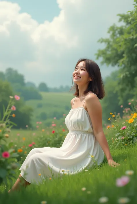 50 year old overweight brunette woman wearing white dress, sitting on the grass in a garden looking at the sky with a simple and sweet smile. The day is cloudy Realistic image.