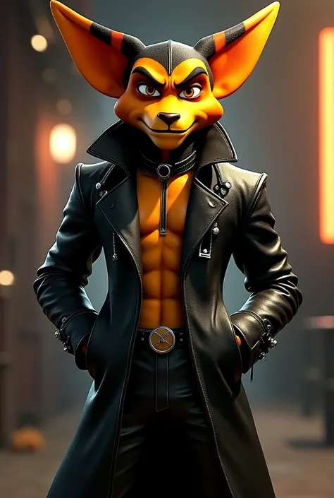 spawn Ratchet from Ratchet and Clank in a long black leather coat with no shirt under the coat