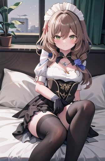 Lisa, Genshin Impact, One girl, alone, chest, chestの谷間, Hair between the eyes, Messy Hair, large chest, Long Hair, View your viewers, Brown Hair, Red short nails, Green Eyes, alone, Knee socks, ((masterpiece)), maid dress, Meidofuku, maid, skirt, stockings...