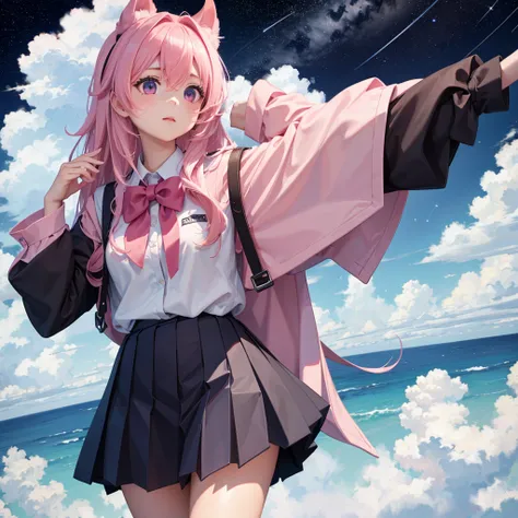 A dark sea of clouds stretches to the horizon。A girl with light pink hair and a school uniform is looking up at the sky above a sea of clouds。Above it the stars shine brightly。High resolution。