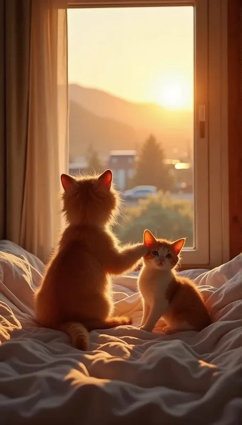 Cute  sitting、Petting the head of a small orange and white cat., Lie by the window and watch the sunset, Childrens bedroom, evening, sunset, Mountain, In the city, wood, car, The windows in the room have curtains., High Contrast,  atmosphere