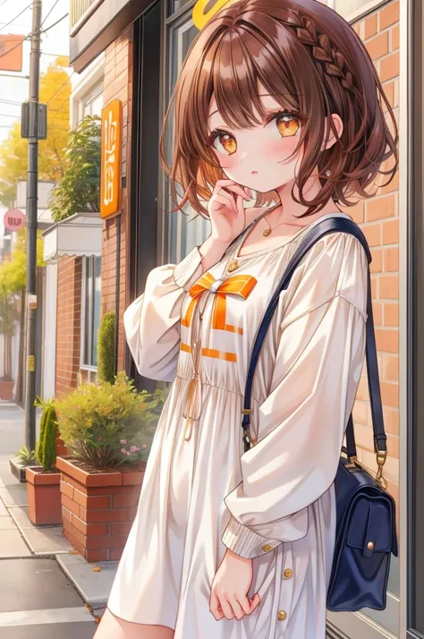 A girl with Miriam hairstyle, brown hair, orange eyes, cute style、1 Solo, One girl, Casual clothes