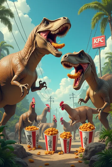 Dinosaurs eat KFC and there are chickens and horses fighting.