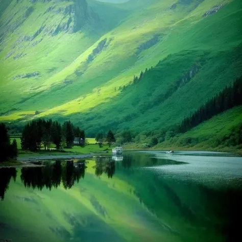 There is a small boat floating on the water, scottish highlands, stunning nature in background, pretty lake, beautiful place, Stunning scenery, in a Tranquil scenery, beautiful Tranquil scenery, The beauty of natural landscape, natures beauty, Magnificent ...