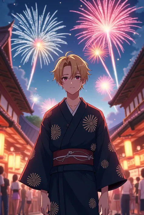 Summer festival, black yukata, realistic fireworks, young man, full body, mash hairstyle, blonde, anime