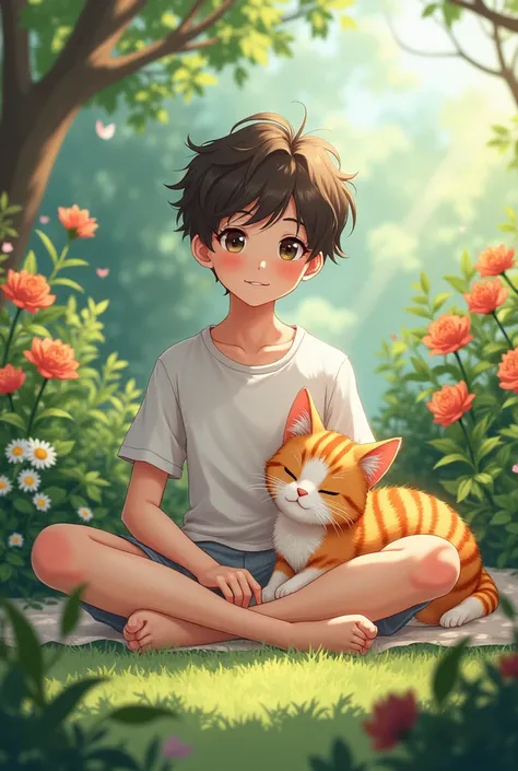 18 YEAR OLD ANIME BOY SEATING IN GARDEN WITH HIS BEAUTIFUL CAT