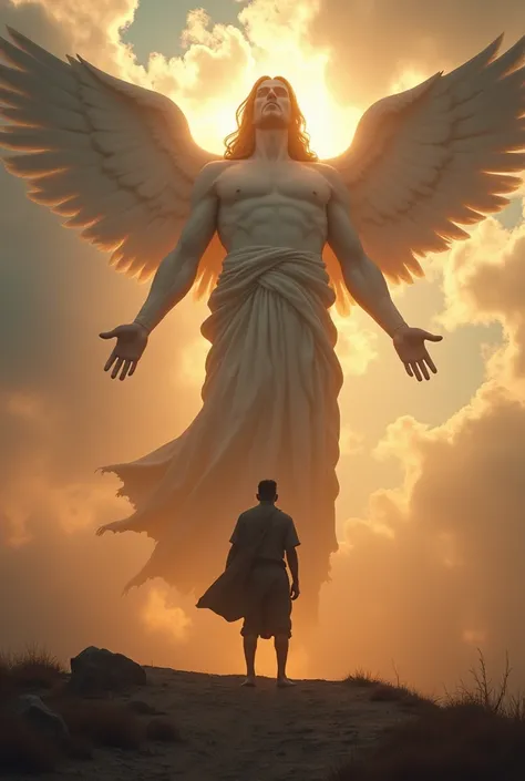 a man standing in front of a giant god of mercy