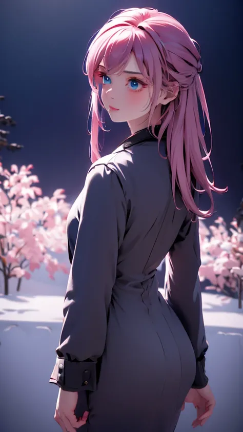 1 Girl , Girl medium light Pink hair, light gray&blue eyes, wearing black suit 4D, night town , high res, ultrasharp, 8K, masterpiece, looking from behind