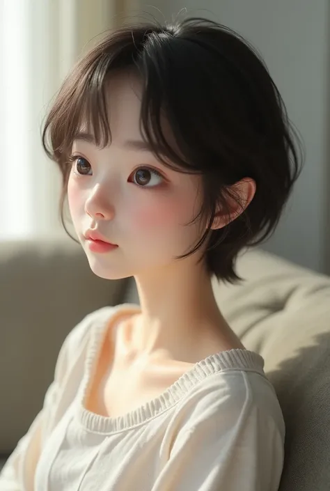 ((1 Female:1.5)),(Natural white skin:1.5), ((Sitting on the couch:1.5)), Milk tea colored hair, Very short hairstyle,(Milk tea hair color, Very short hairstyle:1.5))((Upper body close-up)) (photo Realistic:1.4), (hyper Realistic:1.4), (Realistic:1.3), (Gen...