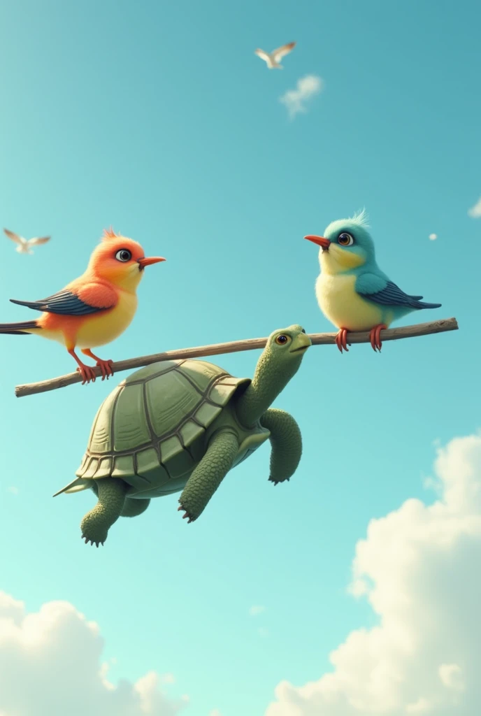 two birds are walking in the sky with a tortoise and the way they took the turtle is that one of the birds hold the side of stick and the second bird hold the other side and the  tortoise hold the middle with their mouth and they were flying in the sky