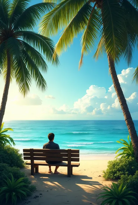 Ocean front view with a trees and a man sitting on a bench 

