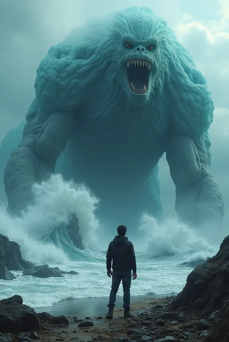 a man standing in front of of a giant sea crature trying to destroy a city