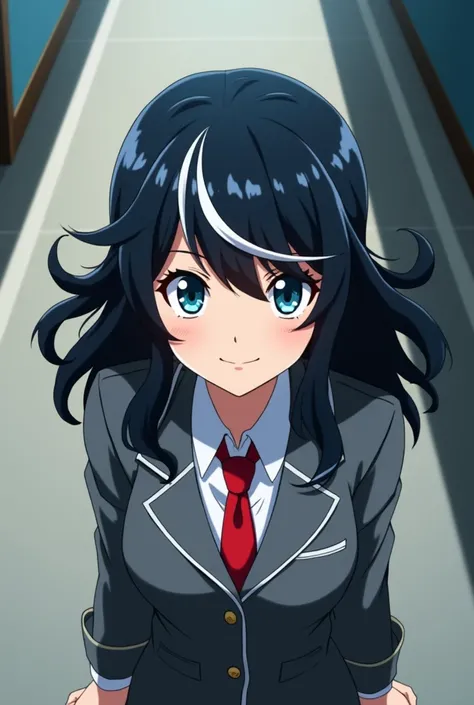 Boku no hero academia screenshot, beautiful woman, wavy black hair with white tips, slanted eyes, blue eyes, smiling expression on the face, uniform gray coat red tie, walking, school hallway background, looking at the camera from below, low angle