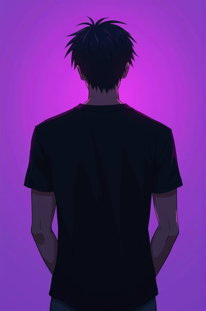 a man showing his back black colour t shirt and hidden face with violet colour background anime image