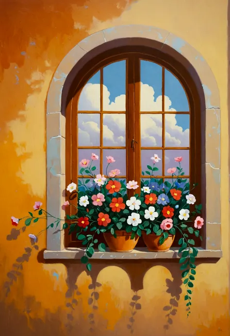 a painting：flowers on the window, negative space：2