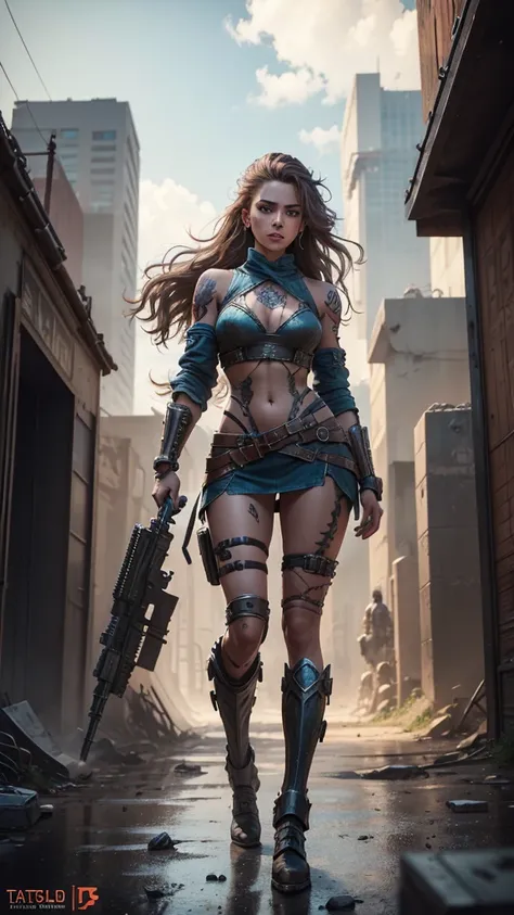 detailed photo of a futuristic beautiful female warrior in a dystopian city, tattered outfit with rusty metal armor plates, long wild hair, tattooed arms and body, fashion pose, blue eyes with round iris, detailed face, apocalyptic environment, natural bod...