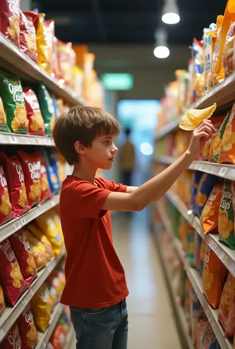 Make a teenage boy in a store buying lots of chips 