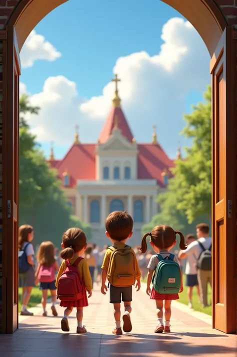 Pixar image of an emblematic educational institution Juan Pablo II where there are children entering the school and in the distance young professionals watching them 