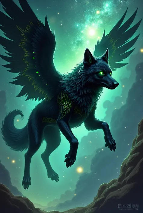 A drawing of a black wolf,with wings, green details and bright eyes , falling with a background of stars and galaxies 
