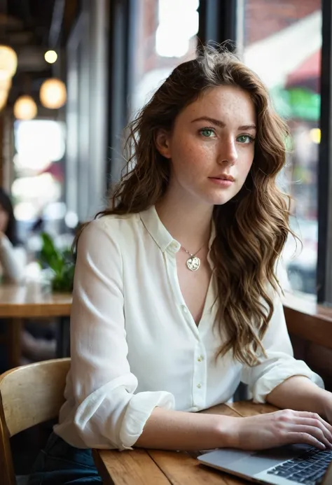 A beautiful 24-year-old woman with wavy chestnut brown hair and deep green eyes is sitting at a coffee shop table, focused on her laptop. Dressed casually in a white blouse and jeans, her fair skin and light freckles are softly illuminated by the natural l...