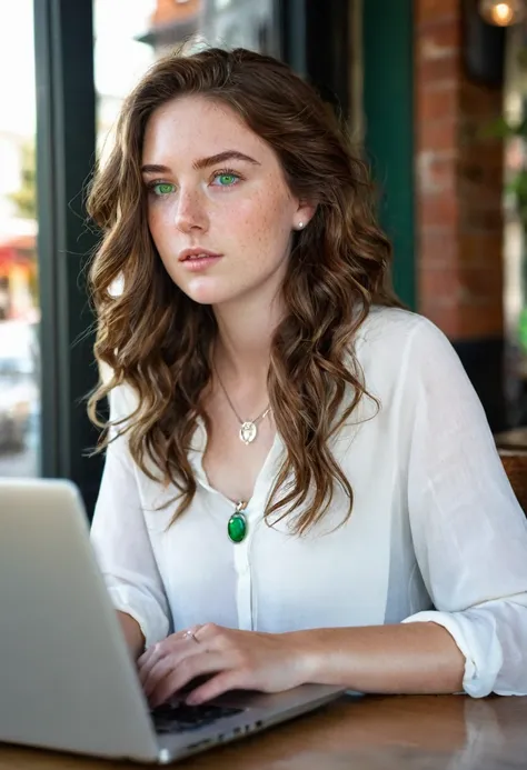 A beautiful 24-year-old woman with wavy chestnut brown hair and deep green eyes is sitting at a coffee shop table, focused on her laptop. Dressed casually in a white blouse and jeans, her fair skin and light freckles are softly illuminated by the natural l...