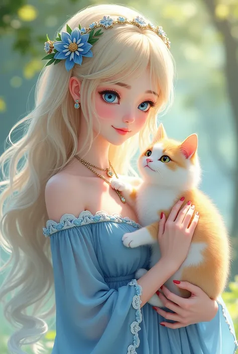 anime reality young female face who is in the park wearing a long blue dress snow white face smile sweetly and light pink lips very covered clothes very long blonde hair eyebrows guess the color light blue eyes flat nose wearing a beautiful headdress curly...