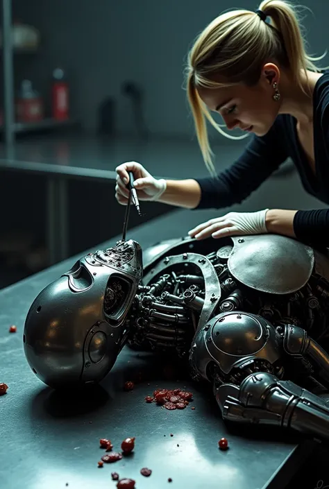 T-888 with skin covered endoskeleton is lying on the table. It’s shutting down
Cameron Philips (T-900 terminator) is cutting Vick Chamberlain’s skin (T-888 terminator)